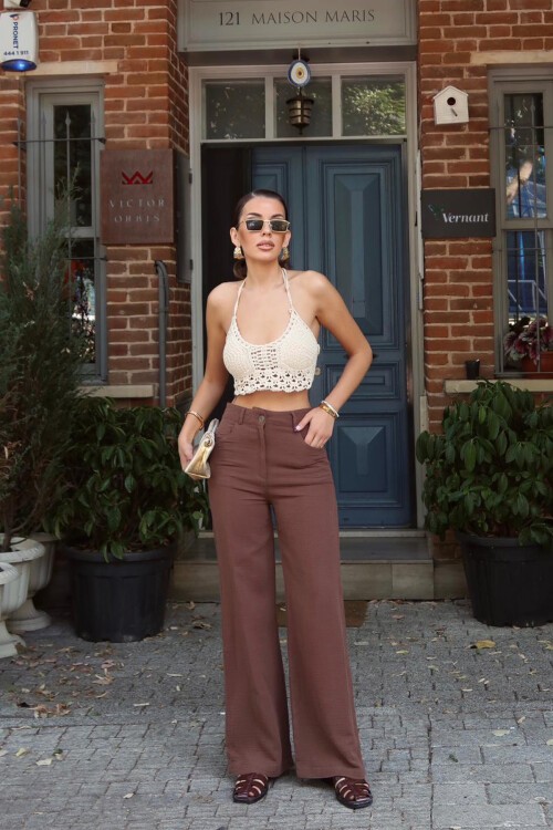 Kahverengi Beş Cepli Bol Paça Müslin Pantolon