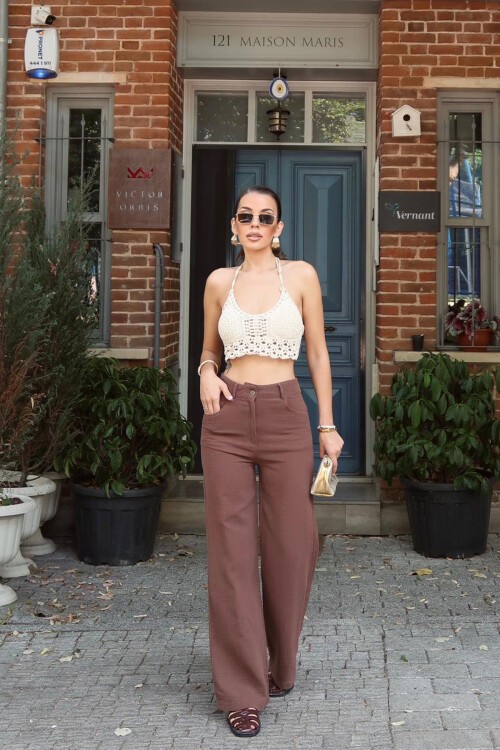 Kahverengi Beş Cepli Bol Paça Müslin Pantolon