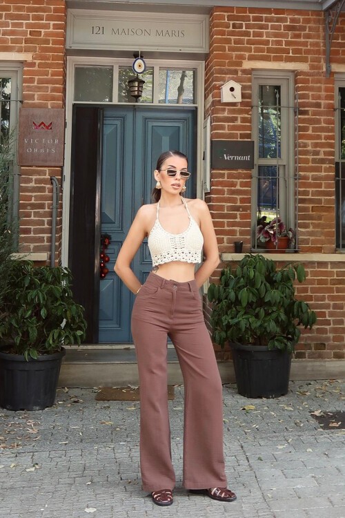 Kahverengi Beş Cepli Bol Paça Müslin Pantolon