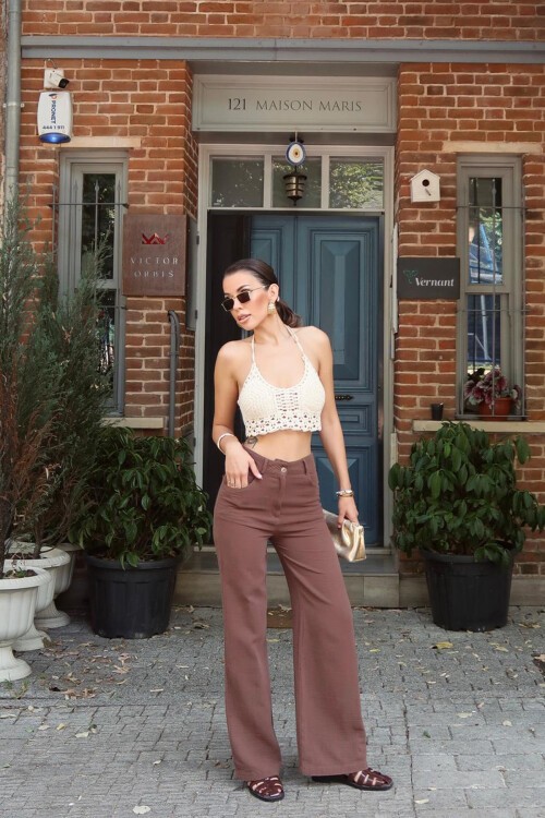 Kahverengi Beş Cepli Bol Paça Müslin Pantolon