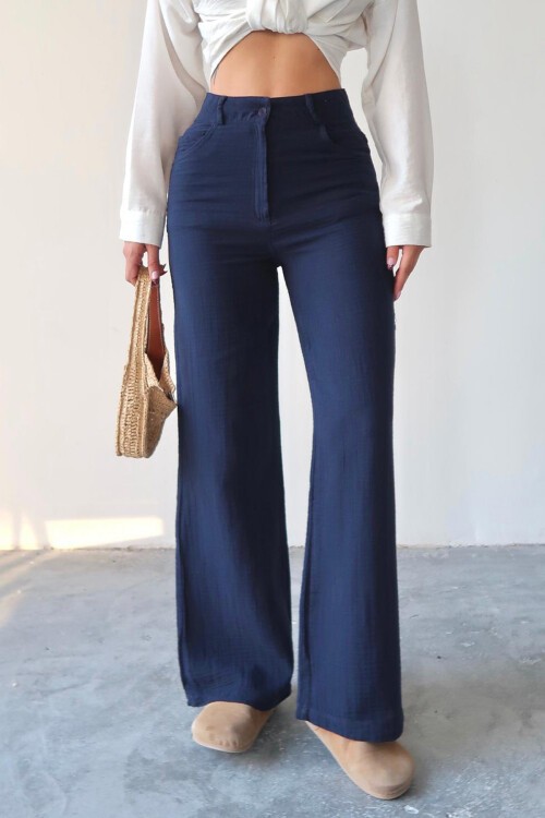 Lacivert Beş Cepli Bol Paça Müslin Pantolon