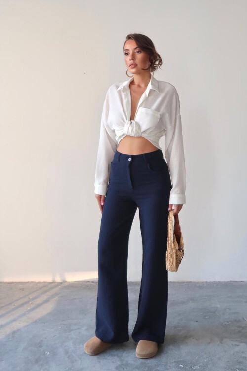 Lacivert Beş Cepli Bol Paça Müslin Pantolon