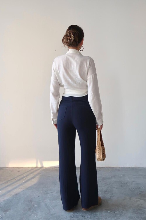 Lacivert Beş Cepli Bol Paça Müslin Pantolon