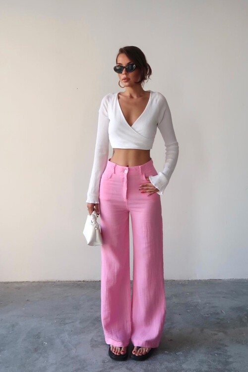 Pembe Beş Cepli Bol Paça Müslin Pantolon