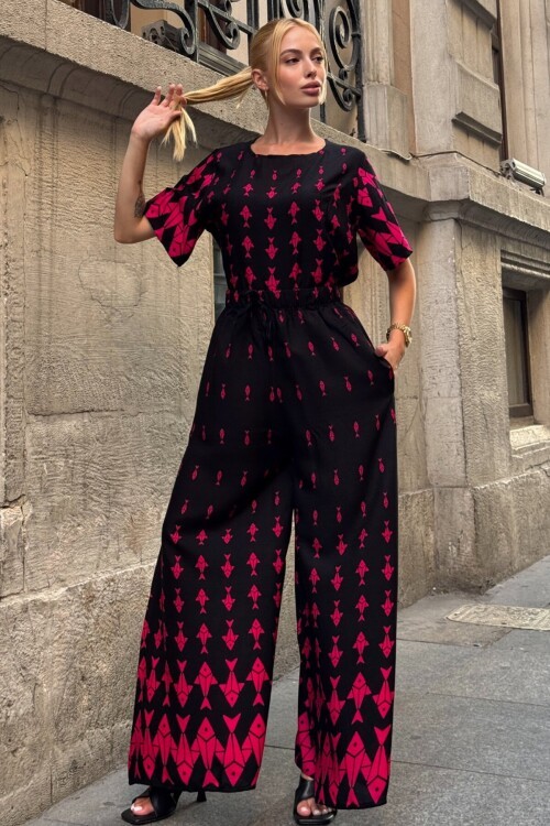 Fuşya Bisiklet Yaka Desenli Bluz Ve Pantolon Takım