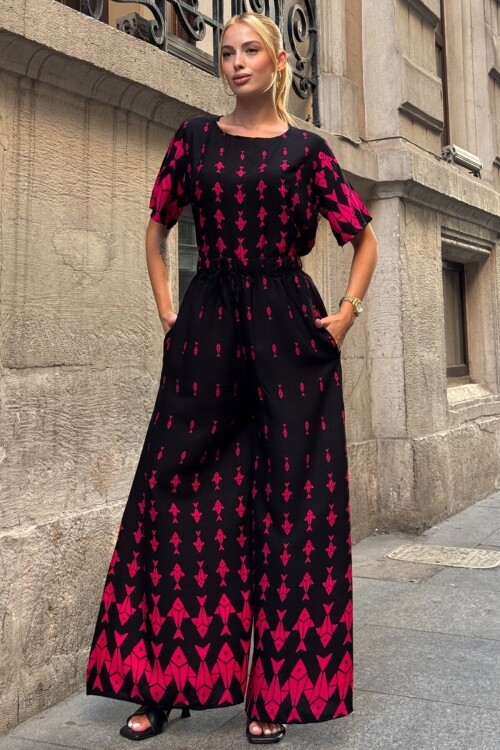 Fuşya Bisiklet Yaka Desenli Bluz Ve Pantolon Takım