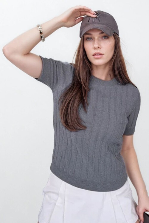 Antrasit Bisiklet Yaka Fitilli Triko Bluz