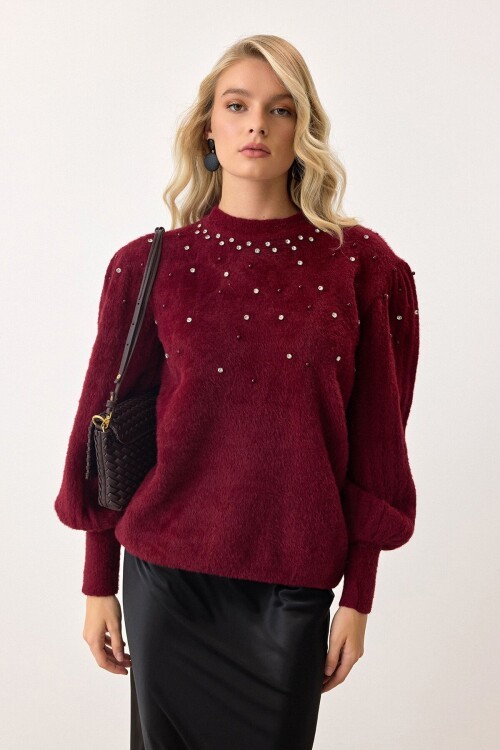 Bordo Bisiklet Yaka İncili Triko Kazak