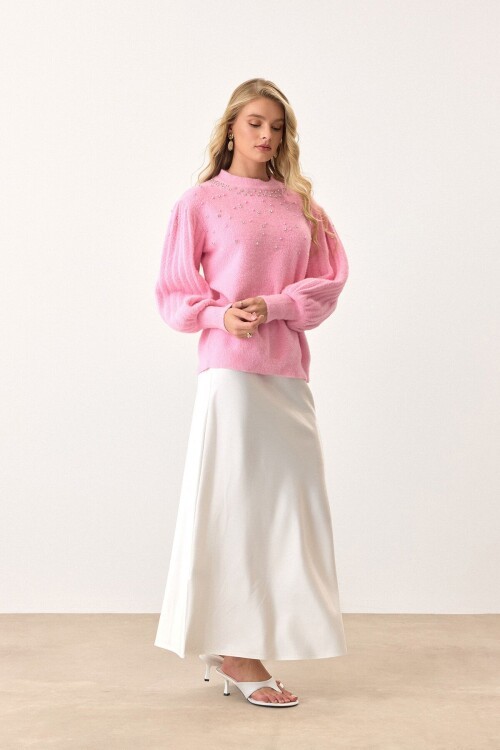 Pembe Bisiklet Yaka İncili Triko Kazak