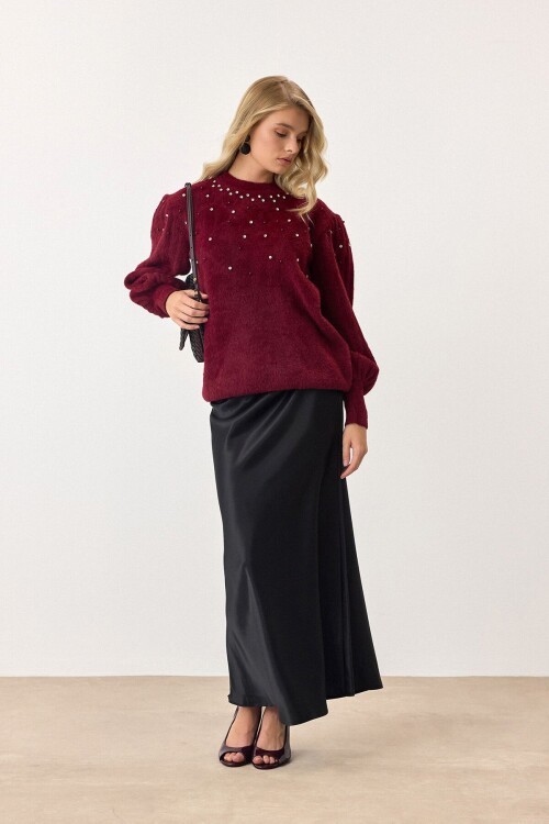 Bordo Bisiklet Yaka İncili Triko Kazak