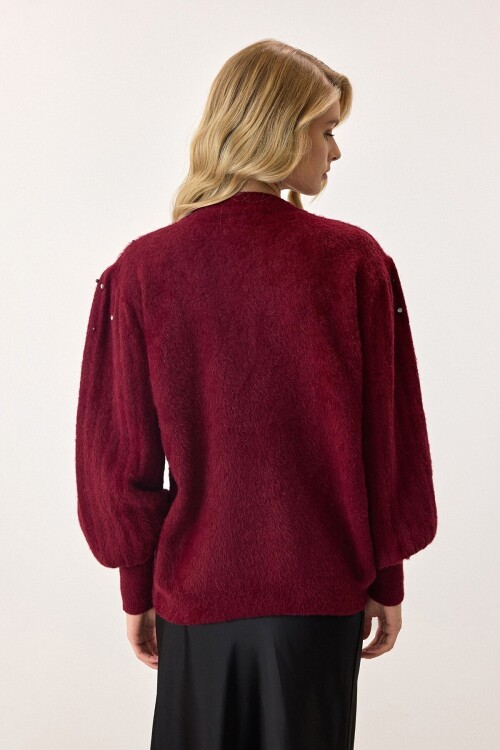 Bordo Bisiklet Yaka İncili Triko Kazak