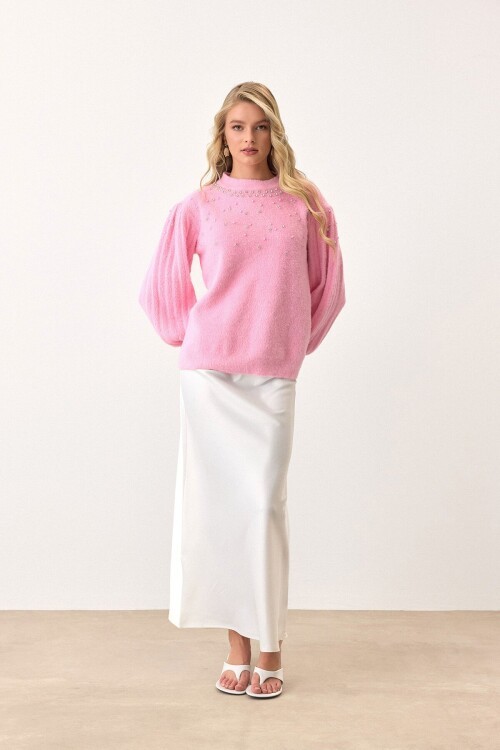 Pembe Bisiklet Yaka İncili Triko Kazak