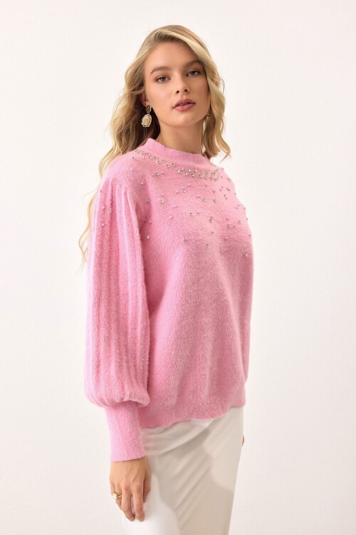 Pembe Bisiklet Yaka İncili Triko Kazak