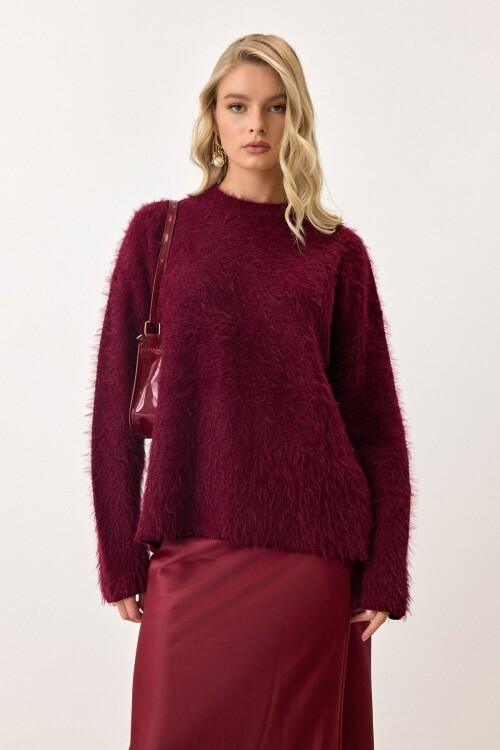 Bordo Bisiklet Yaka Uzun Kollu Tüylü Triko Kazak