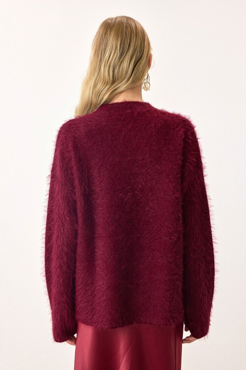 Bordo Bisiklet Yaka Uzun Kollu Tüylü Triko Kazak