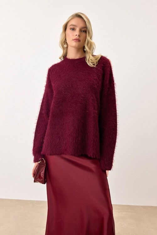 Bordo Bisiklet Yaka Uzun Kollu Tüylü Triko Kazak