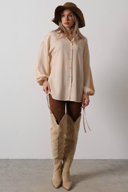 Taş Yanları Büzgülü Kolu Lastikli Aerobin Gömlek 