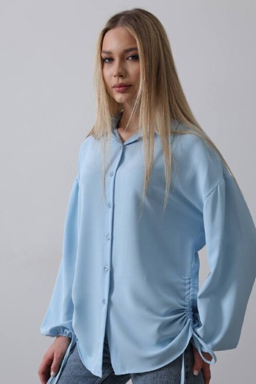 Mint Yanları Büzgülü Kolu Lastikli Aerobin Gömlek 