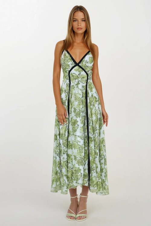 Yeşil Biyeli İp Askılı V Yaka Midi Boy Çiçekli Elbise