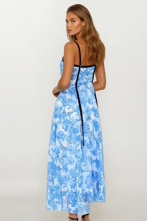 Mavi Biyeli İp Askılı V Yaka Midi Boy Çiçekli Elbise