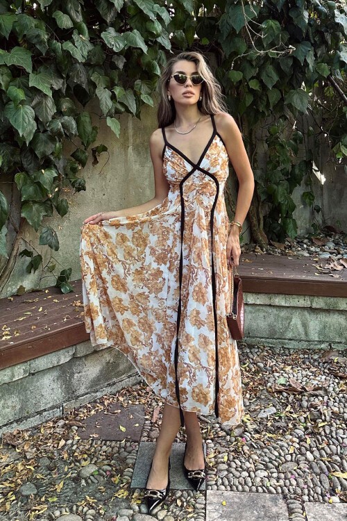 Taş Biyeli İp Askılı V Yaka Midi Boy Çiçekli Elbise