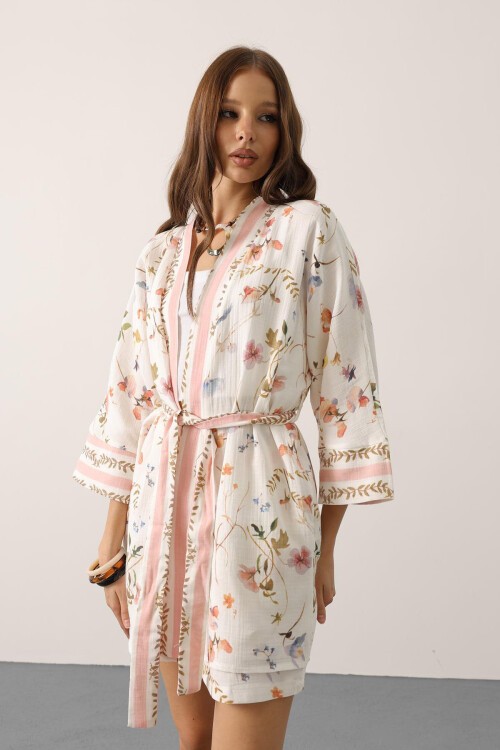 Mix Çiçek Desenli Bağlamalı Kimono