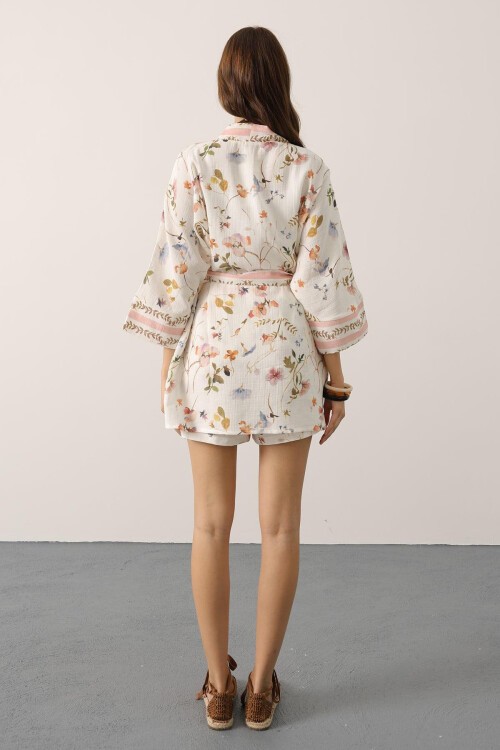 Mix Çiçek Desenli Bağlamalı Kimono