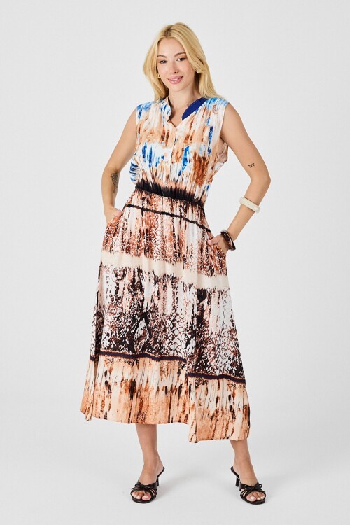 Bej Çentik Yaka Düğmeli Desenli Kolsuz Midi Elbise