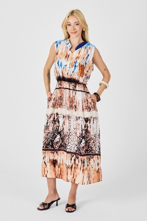 Bej Çentik Yaka Düğmeli Desenli Kolsuz Midi Elbise