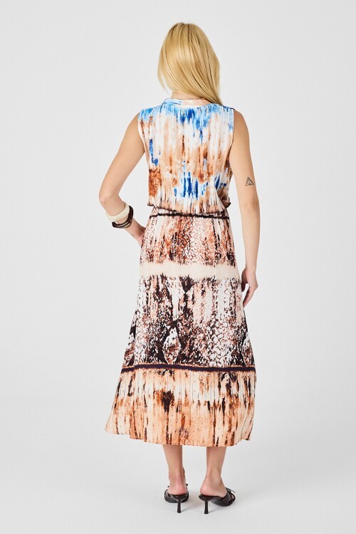 Bej Çentik Yaka Düğmeli Desenli Kolsuz Midi Elbise