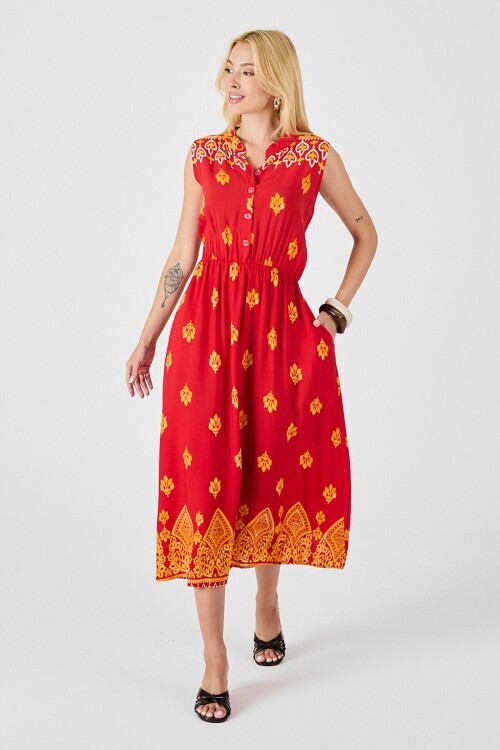 Kırmızı Çentik Yaka Düğmeli Desenli Kolsuz Midi Elbise