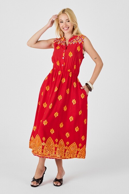 Kırmızı Çentik Yaka Düğmeli Desenli Kolsuz Midi Elbise