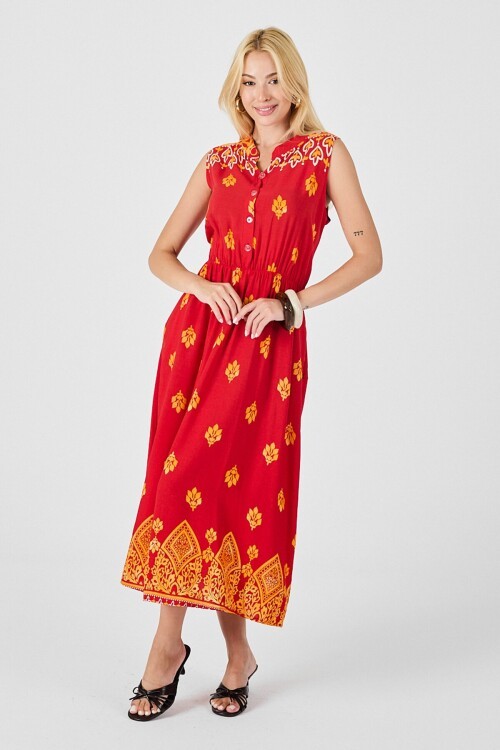 Kırmızı Çentik Yaka Düğmeli Desenli Kolsuz Midi Elbise