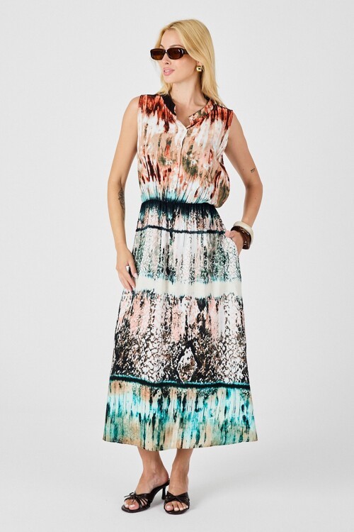 Turuncu-Ekru Çentik Yaka Düğmeli Desenli Kolsuz Midi Elbise