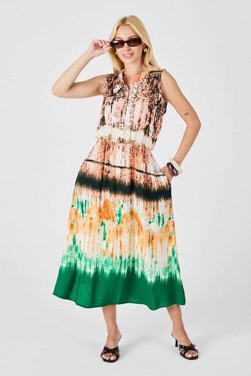 Yeşil-Krem Çentik Yaka Düğmeli Desenli Kolsuz Midi Elbise