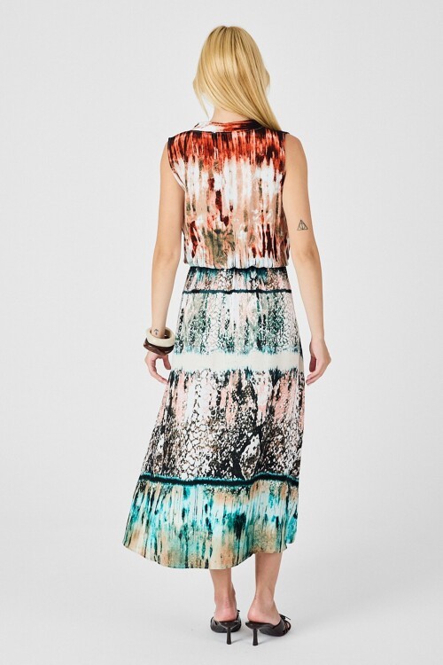 Turuncu-Ekru Çentik Yaka Düğmeli Desenli Kolsuz Midi Elbise