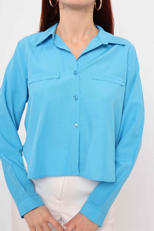 Petrol Cep Detaylı Oversize Gömlek