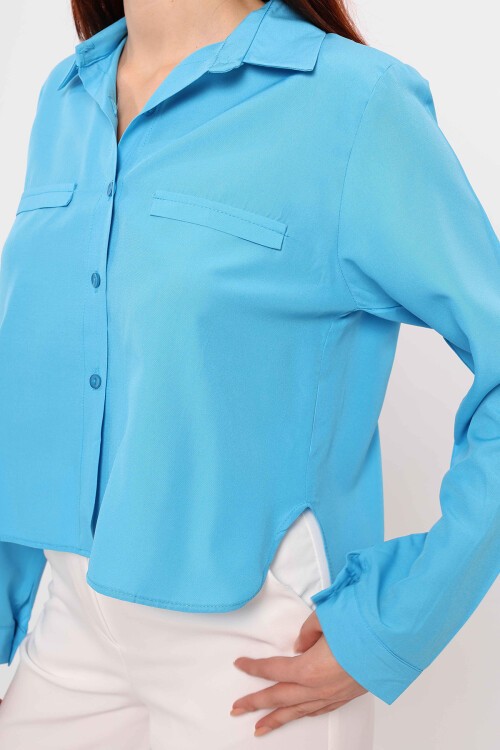 Petrol Cep Detaylı Oversize Gömlek
