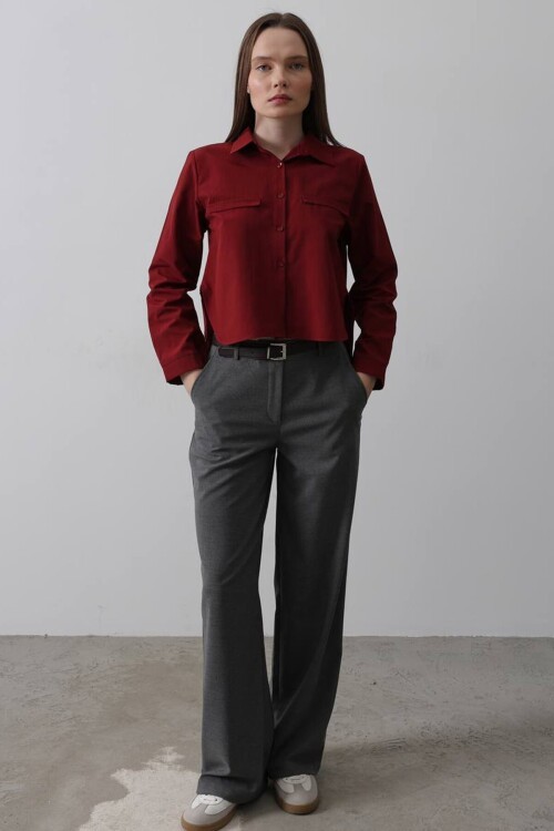 Kırmızı Cep Detaylı Oversize Gömlek