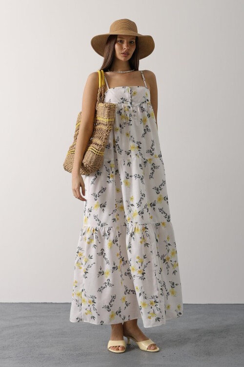 Sarı Çiçek Desen Askı Detaylı Cok Katlı Elbise