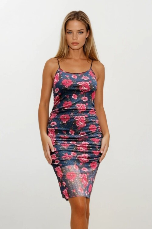 Kırmızı Çiçek Desenli Askılı Midi Elbise