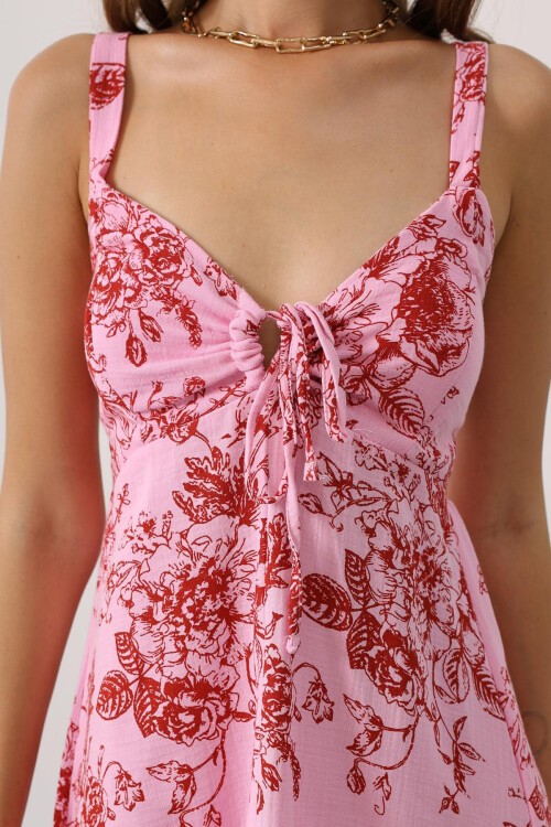 Pembe Çicek Desenli Askılı Müslin Elbise