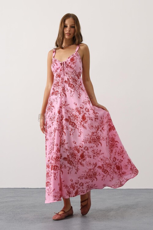 Pembe Çicek Desenli Askılı Müslin Elbise