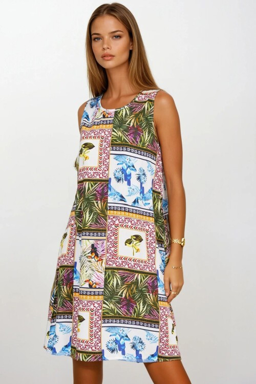 Mix Çiçek Desenli Kolsuz Midi Boy Elbise