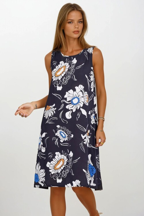 Lacivert Çiçek Desenli Kolsuz Midi Boy Elbise