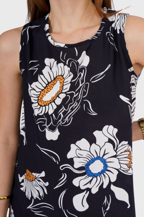 Lacivert Çiçek Desenli Kolsuz Midi Boy Elbise