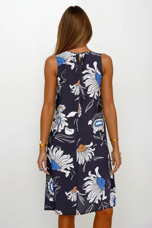 Lacivert Çiçek Desenli Kolsuz Midi Boy Elbise