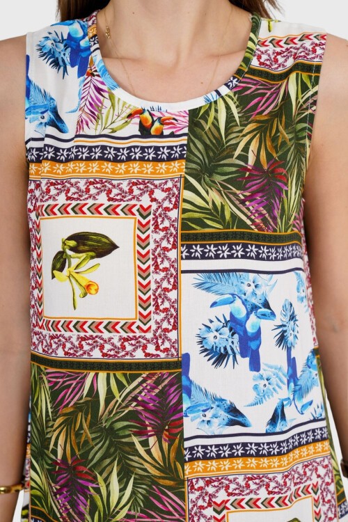 Mix Çiçek Desenli Kolsuz Midi Boy Elbise