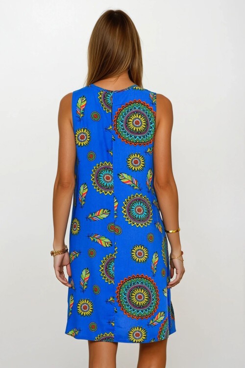 Saks Çiçek Desenli Kolsuz Midi Boy Elbise