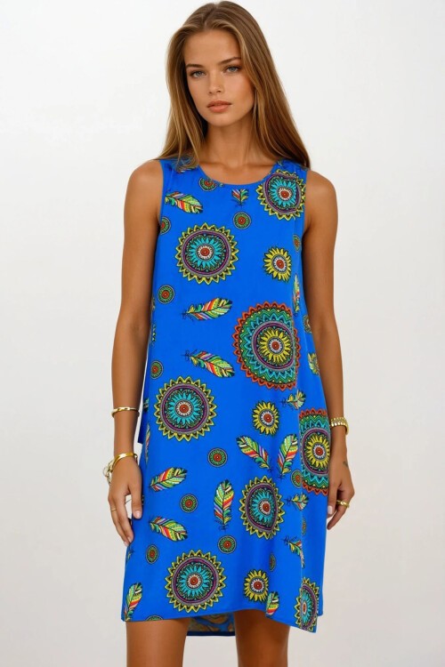 Saks Çiçek Desenli Kolsuz Midi Boy Elbise